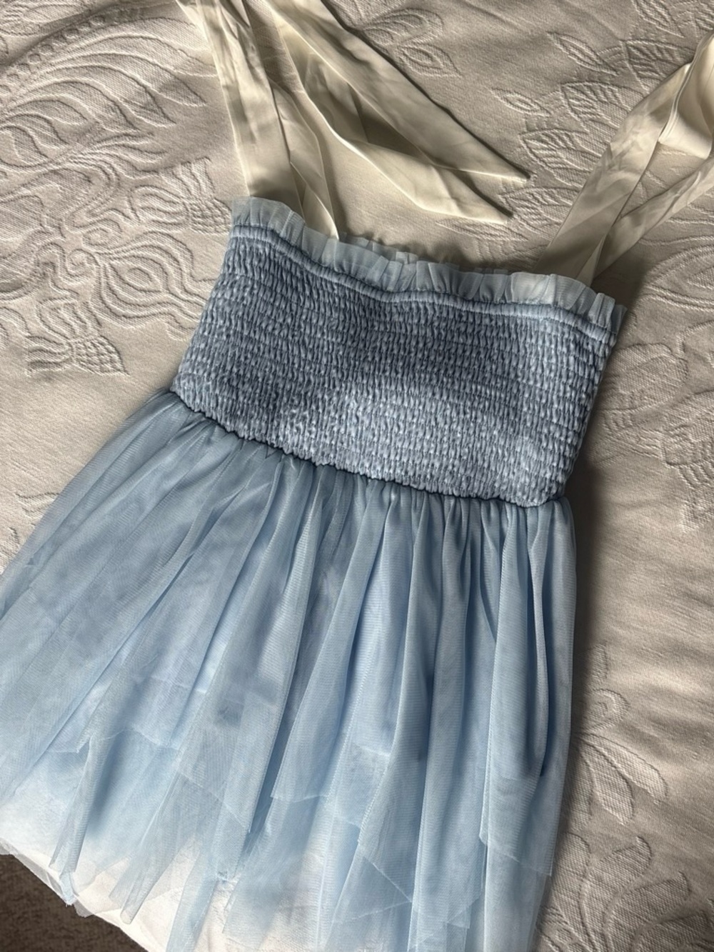Light Blue Tulle top with Ivory Ribbon Straps